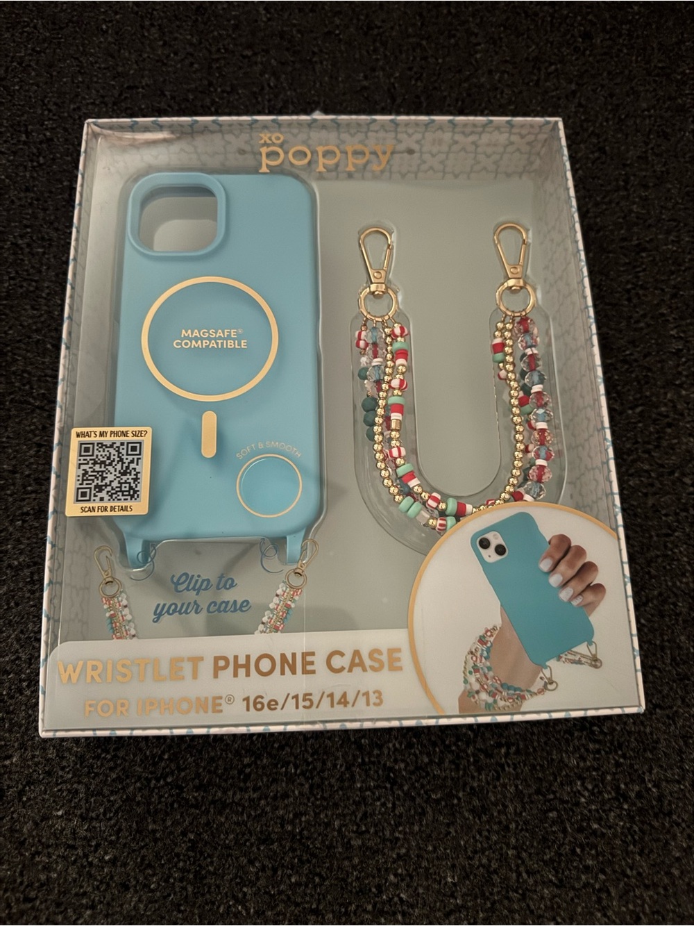 NEW- XO Poppy iPhone 16e/15/14/13 MagSafe Case Beaded Wristlet Blue